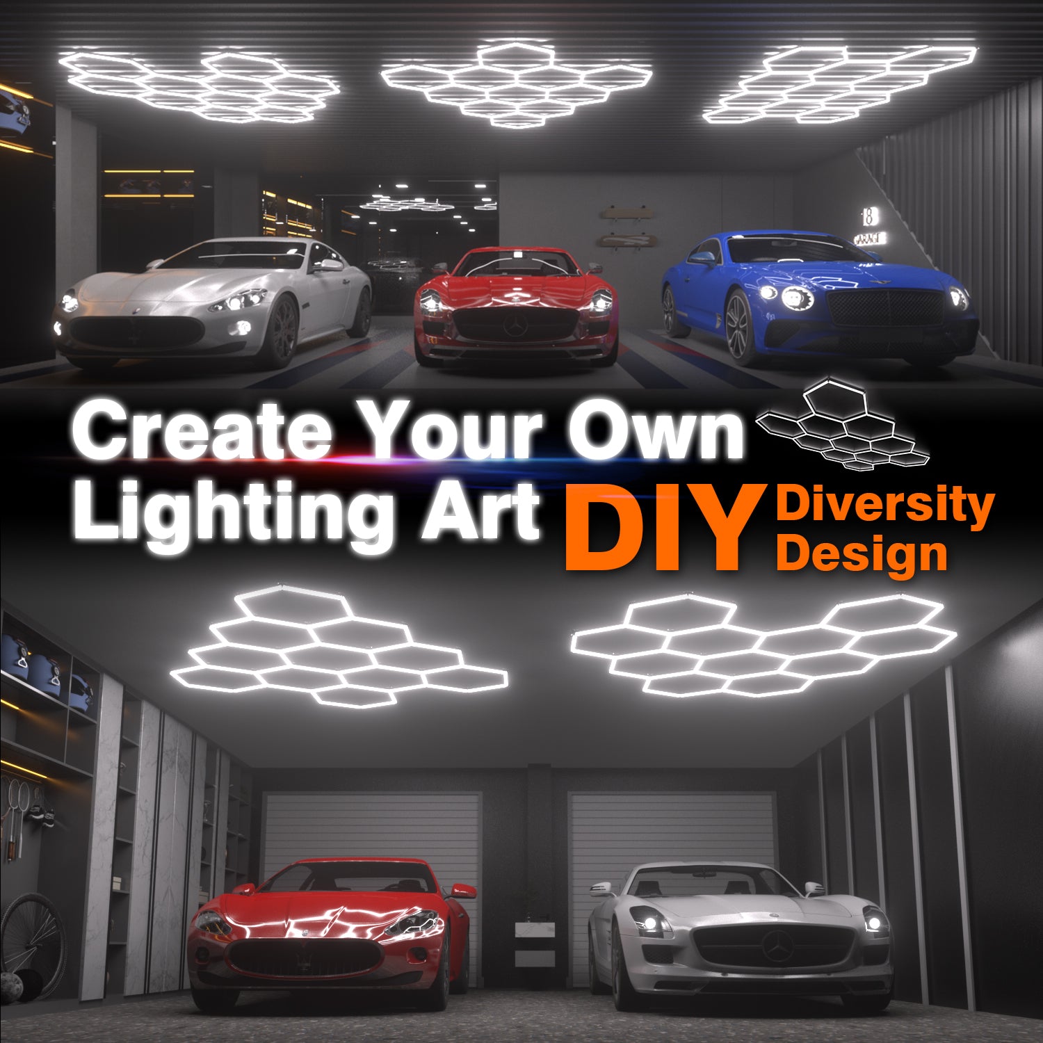Litezone 3 Level Dimmable 6500K Hexagon Garage Lights :  Hexagon LED Lights - for Garage, Gym, Shop, Workshop, Basement, Studio