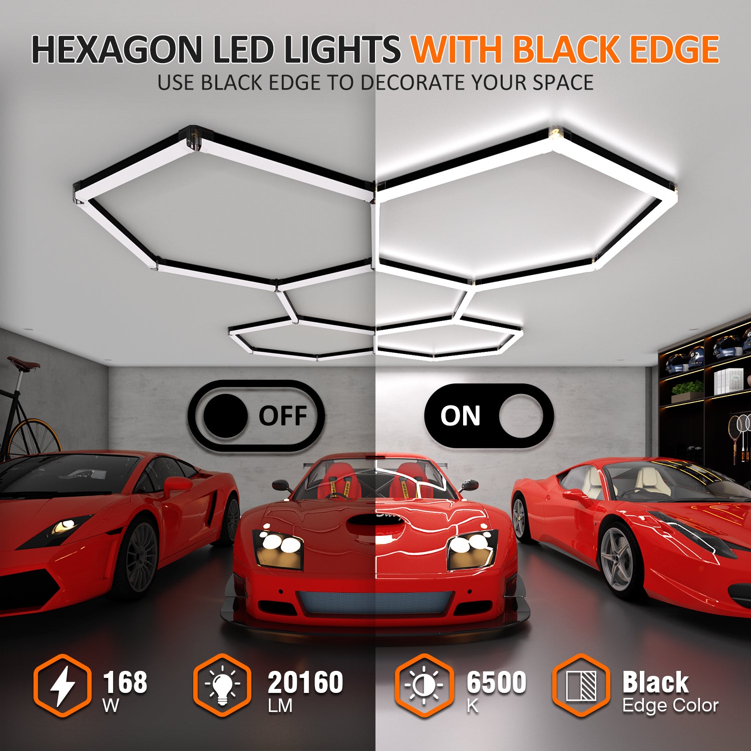 Litezone 6500K Hexagon Garage Lights with Black Edge - for Garage, Basement, Gym, Shop, Barber, Exhibition