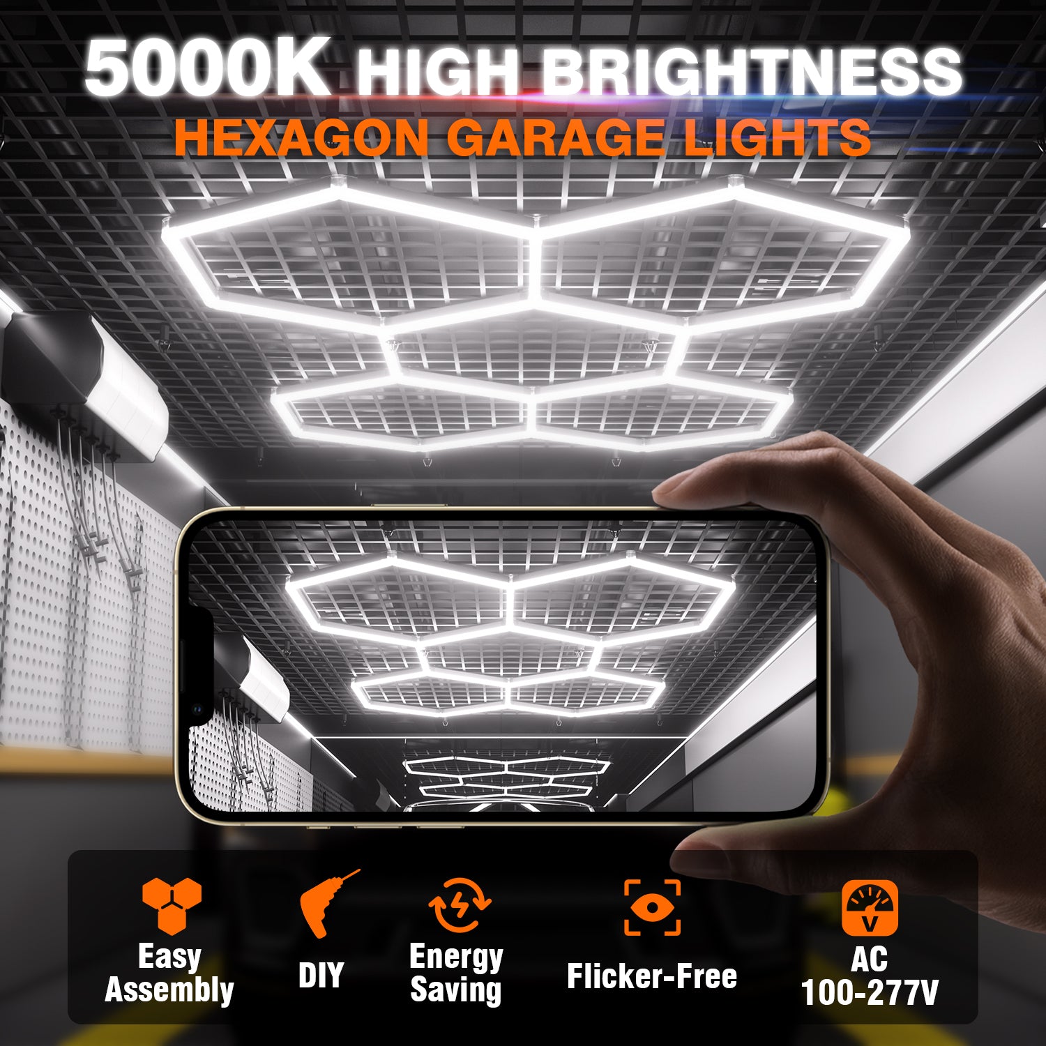 Litezone 5000K Hexagon Garage Lights Updated Bigger Size - for Detailing, Workshop, Home Gym, Basement, Garage